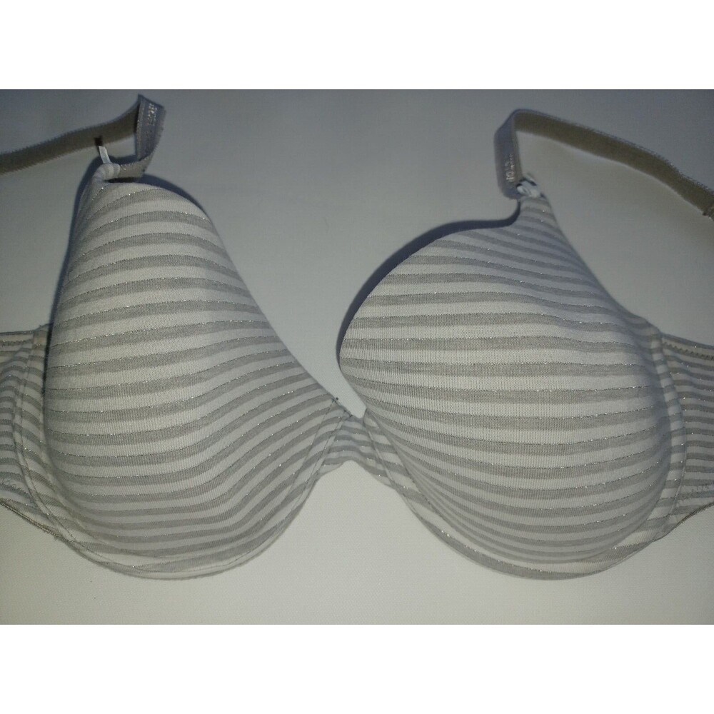 Victoria Secret 36D bra Lined Demi women's cotton lingerie white gray striped